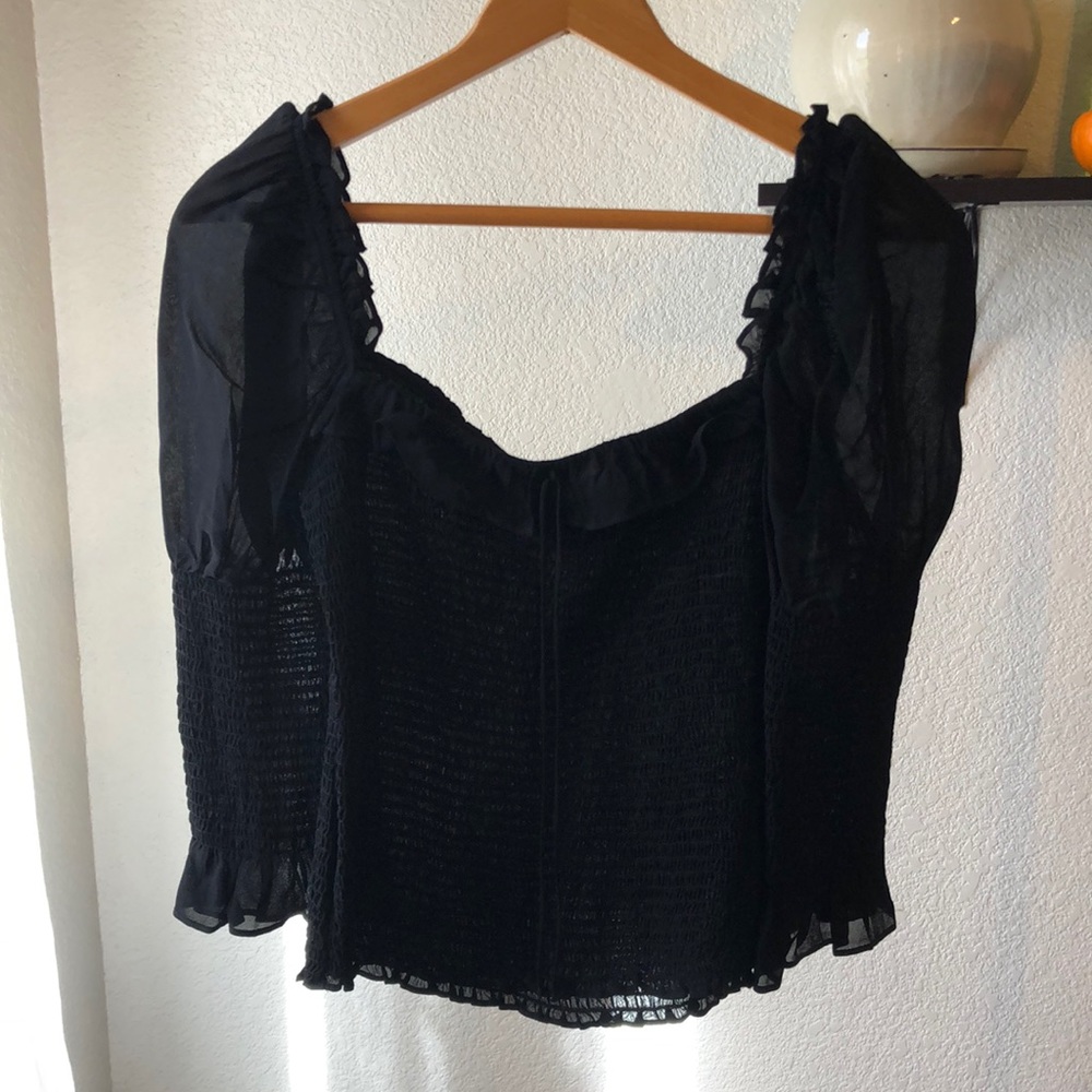 Reformation Julie Cropped Sheer Smocked Black Top